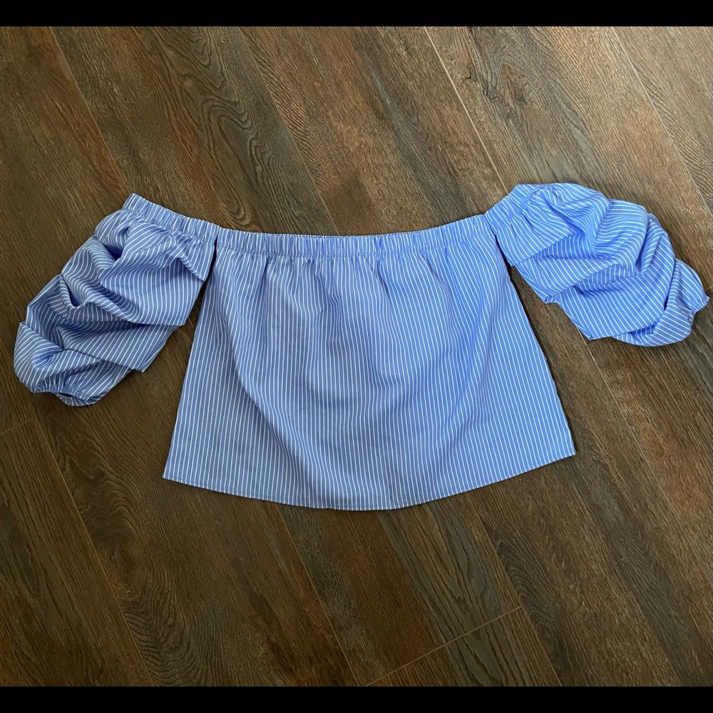 F21 blue and white pinstripe off the shoulder top